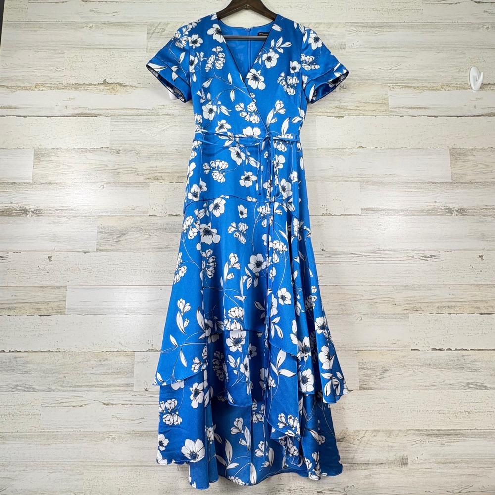 White House Black Market Maxi Dress Womens 2 Blue Floral Tiered Ruffle Chic